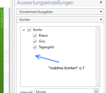 Zusätzlicher Bereich für inaktive Konten in den Auswertungseinstellungen.